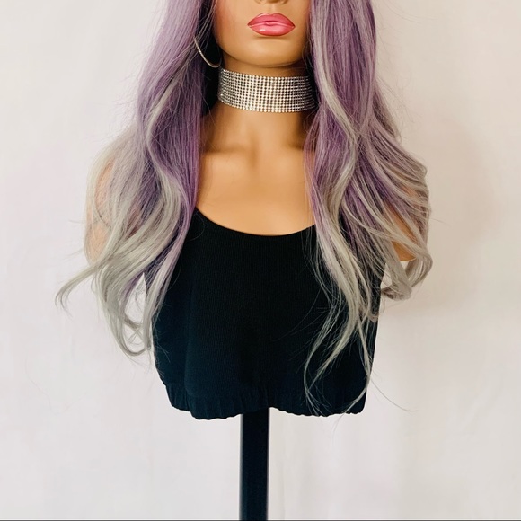 Long Gorgeous Plum Berry & Grey “Put On & Go” Synthetic Wig - Picture 2 of 9